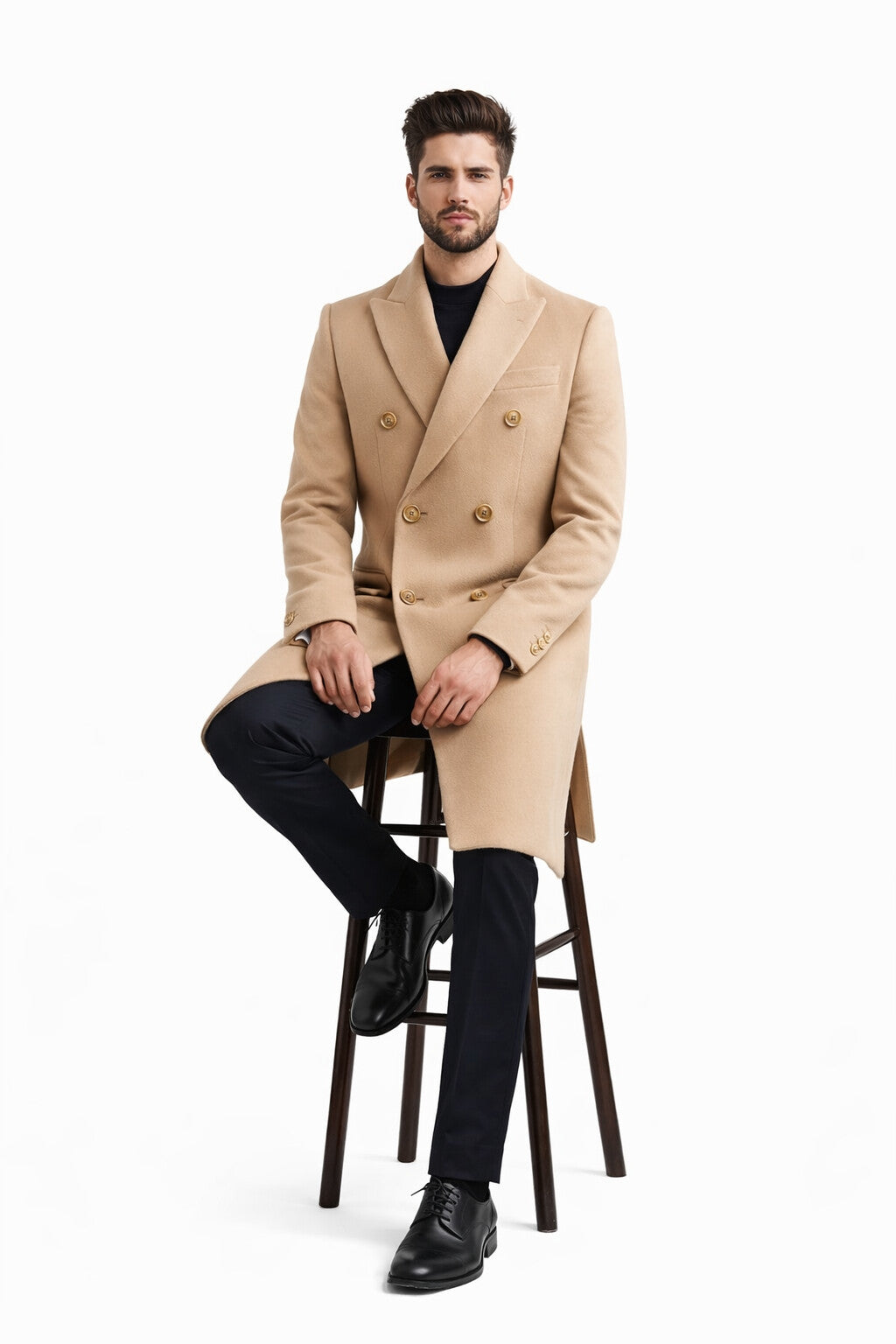 Men's Wool And Cashmere Double Breasted Long Overcoat Beige ~ Camel Three Quarter Winter Men's Topcoat Sale