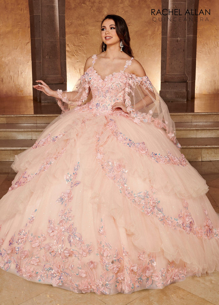 Rachel Allan RQ3103 Cape Sleeve Tiered Quinceanera Dress