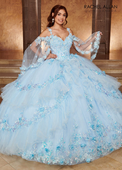 Rachel Allan RQ3103 Cape Sleeve Tiered Quinceanera Dress