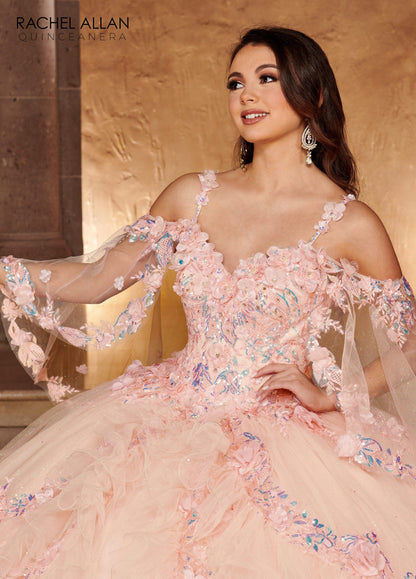 Rachel Allan RQ3103 Cape Sleeve Tiered Quinceanera Dress