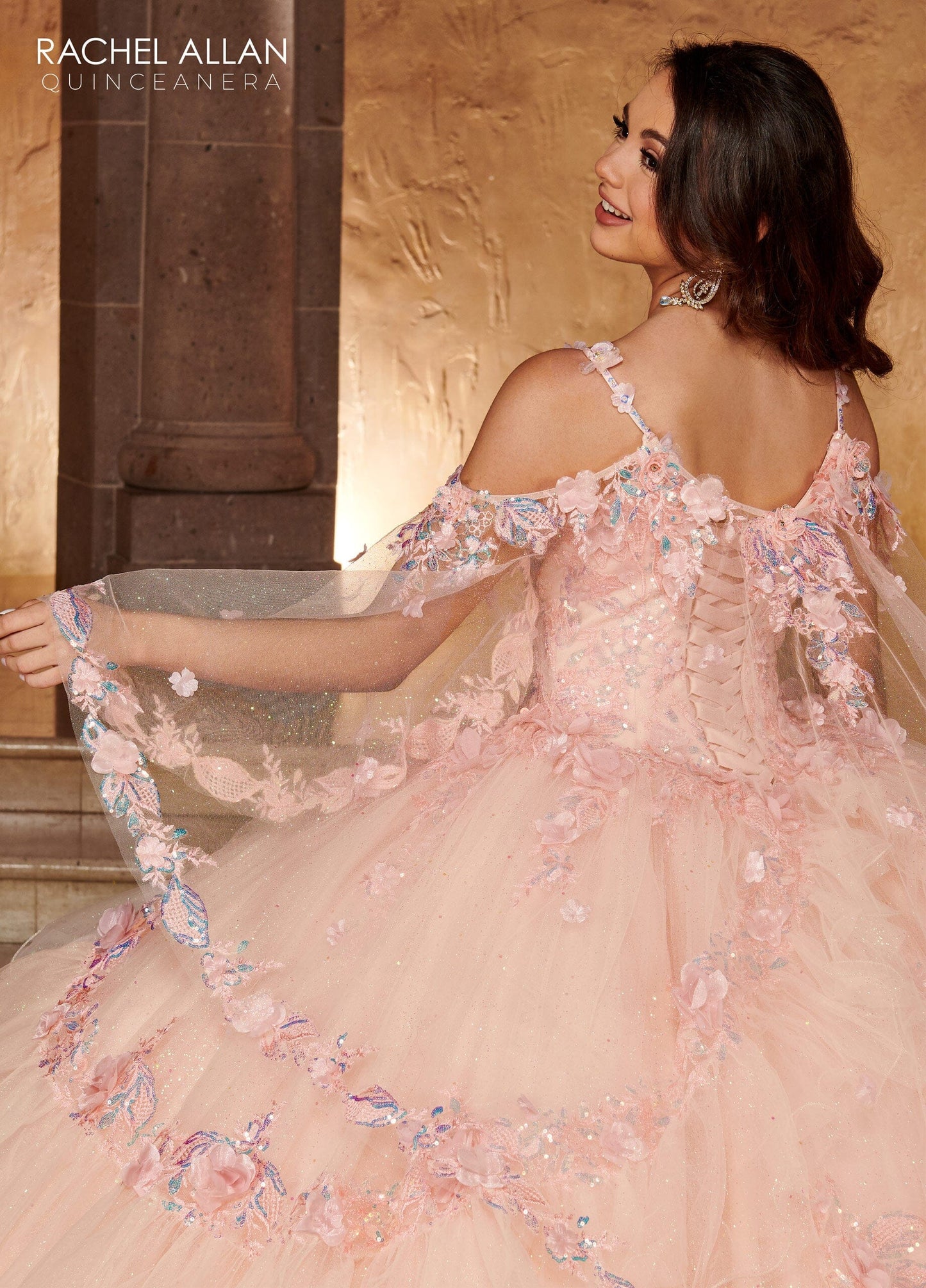 Rachel Allan RQ3103 Cape Sleeve Tiered Quinceanera Dress