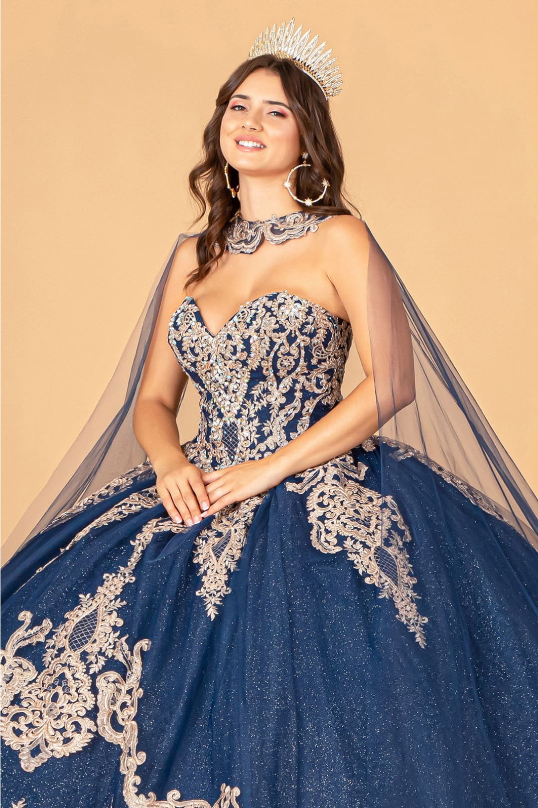 Cape Strapless Glitter Ball Gown by Elizabeth K GL3078 - Quinceanera Dresses