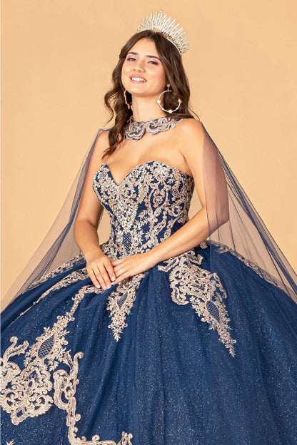 Cape Strapless Glitter Ball Gown by Elizabeth K GL3078 - Quinceanera Dresses