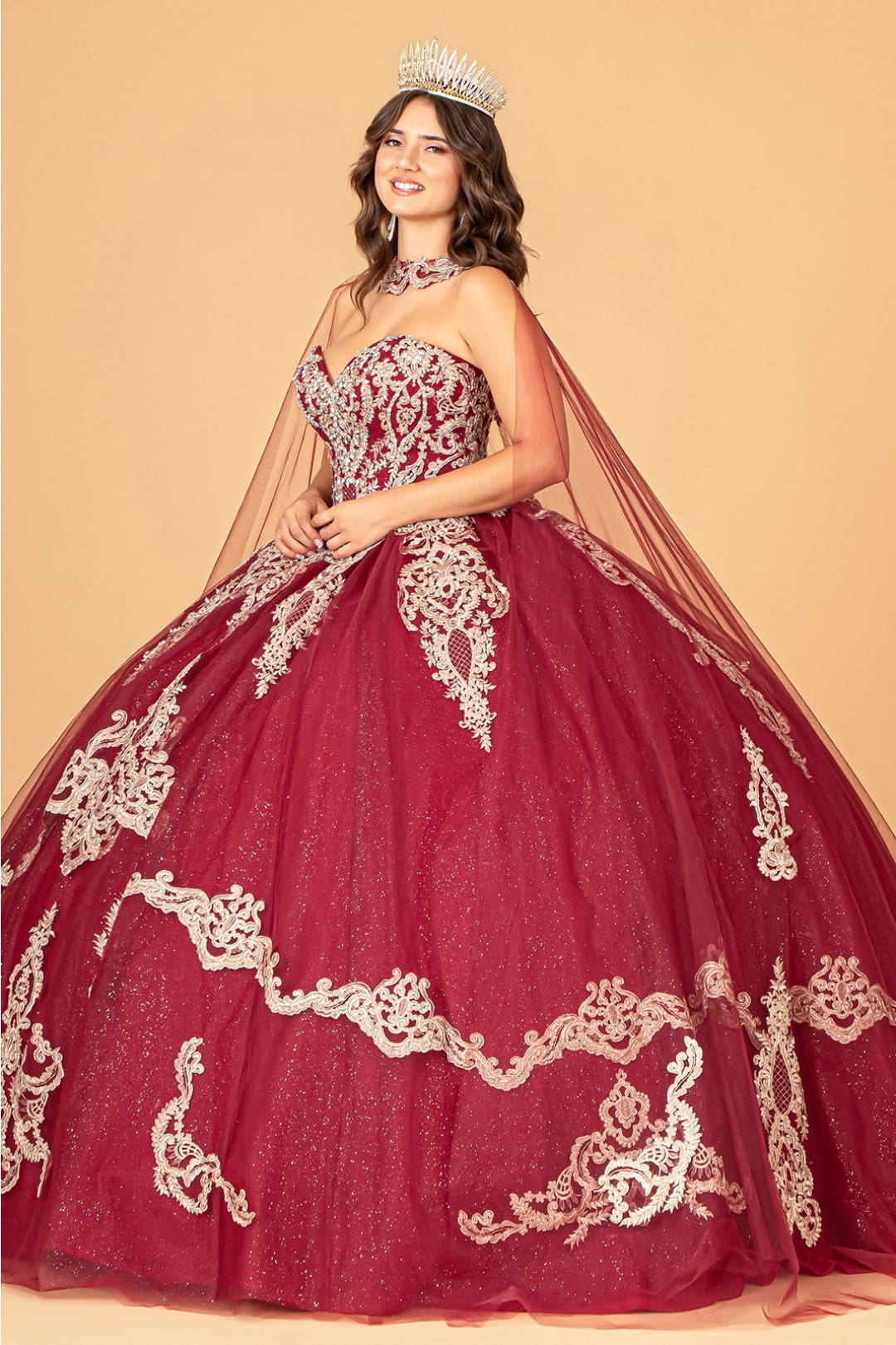 Cape Strapless Glitter Ball Gown by Elizabeth K GL3078 - Quinceanera Dresses