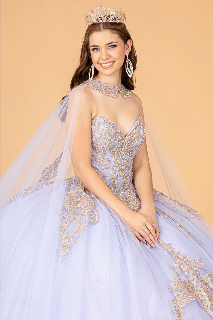 Lilac Quinceanera Dress Cape Strapless Glitter Ball Gown by Elizabeth K GL3078