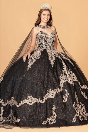 Cape Strapless Glitter Ball Gown by Elizabeth K GL3078 - XS / Black - Quinceanera Dresses