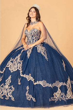 Cape Strapless Glitter Ball Gown by Elizabeth K GL3078 - XS / Navy - Quinceanera Dresses