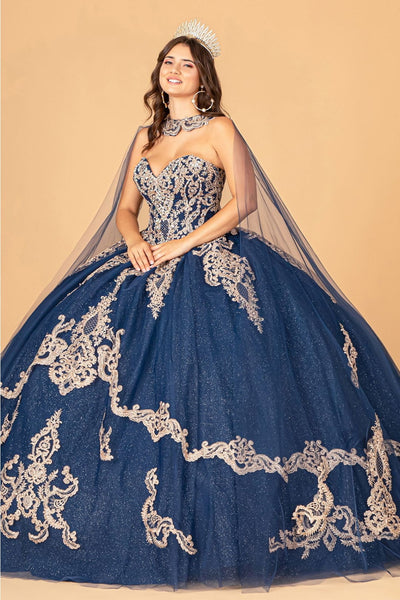 Cape Strapless Glitter Ball Gown by Elizabeth K GL3078 - XS / Navy - Quinceanera Dresses