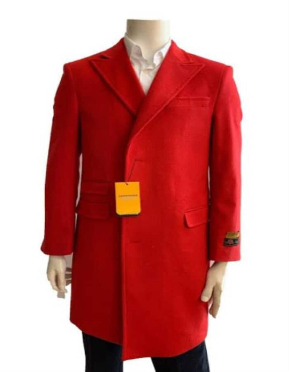 Mens Overcoat - Wool Three Quarter Car coat + Red - Men's Tuxedo USA