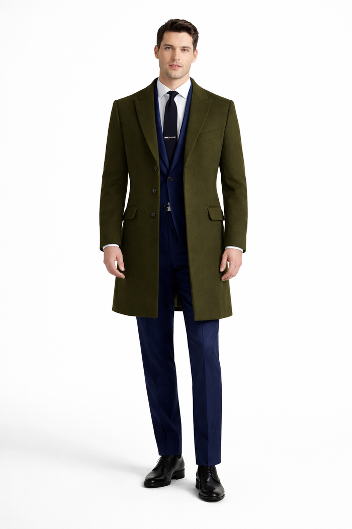 Mens Wool Carcoat - Olive Green Three Quarter Peak Lapel Topcoat