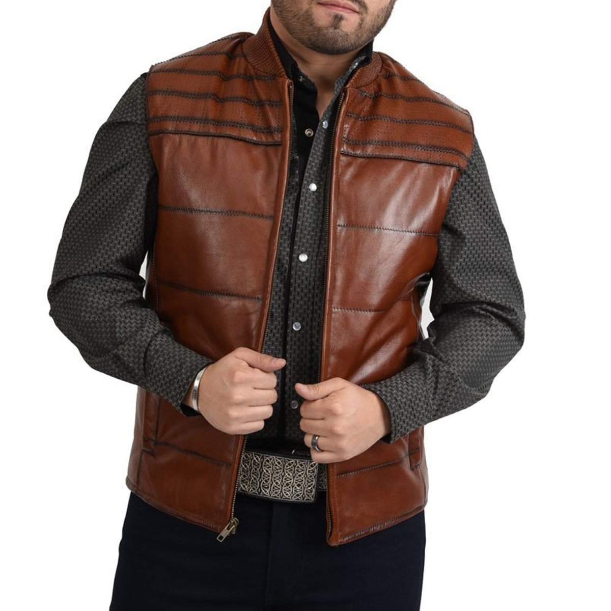 Premium Cognac Cowhide Leather Western Cowboy Vest