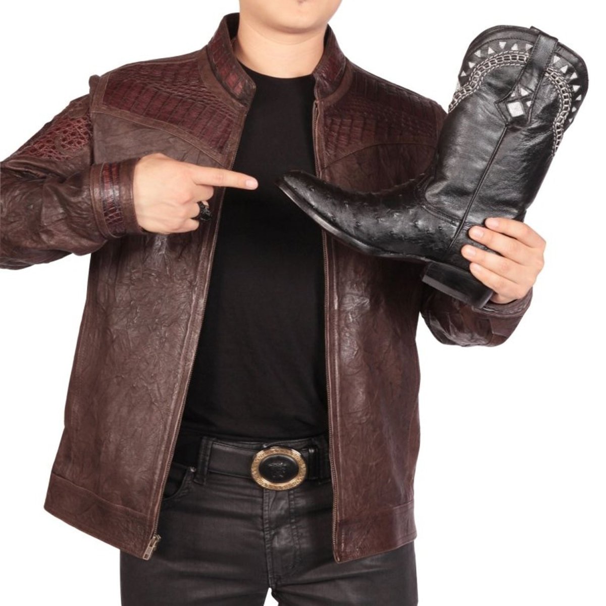 Men's Brown Cowhide Leather Jacket with Crocodile Accents