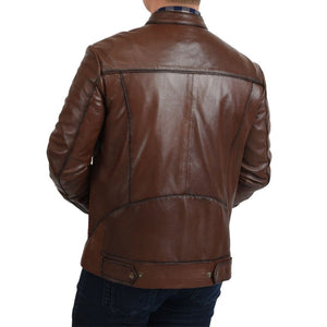 Men’s Brown Woven Cowhide & Sheepskin Leather Denim Jacket
