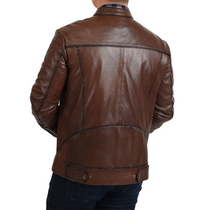 Men’s Brown Woven Cowhide & Sheepskin Leather Denim Jacket