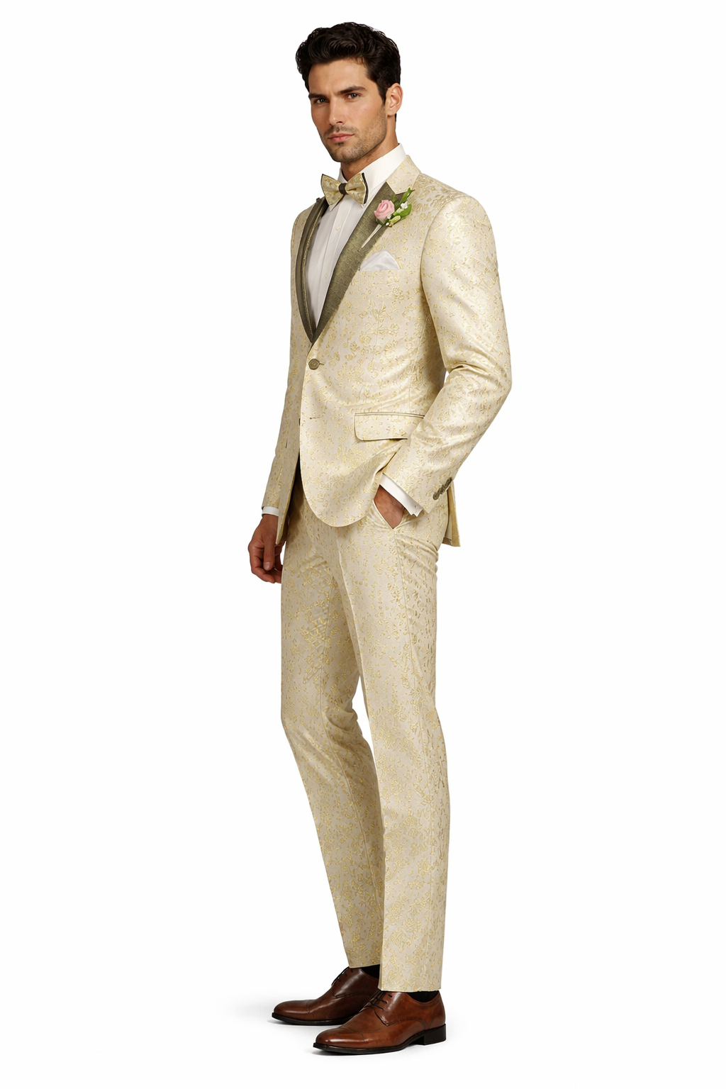 Champagne Gold Floral Tuxedo Suit for Men  Two-Piece Wedding Tux with Bow Tie and Satin Lapel