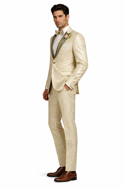 Champagne Gold Floral Tuxedo Suit for Men  Two-Piece Wedding Tux with Bow Tie and Satin Lapel