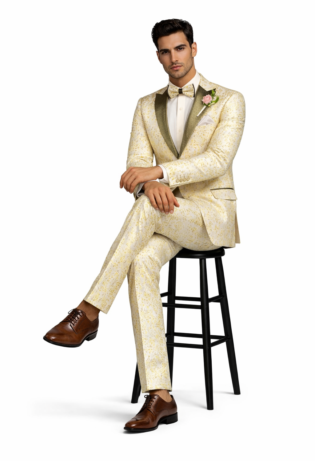 Champagne Gold Floral Tuxedo Suit for Men  Two-Piece Wedding Tux with Bow Tie and Satin Lapel