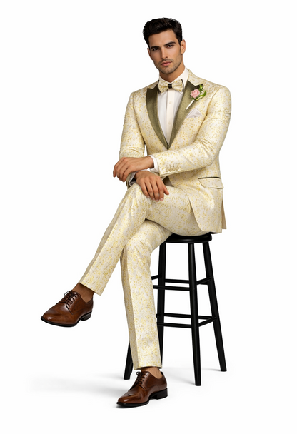 Champagne Gold Floral Tuxedo Suit for Men  Two-Piece Wedding Tux with Bow Tie and Satin Lapel