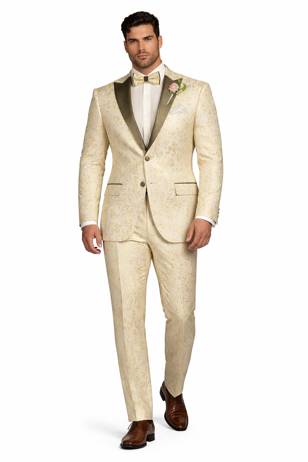 Champagne Gold Floral Tuxedo Suit for Men  Two-Piece Wedding Tux with Bow Tie and Satin Lapel