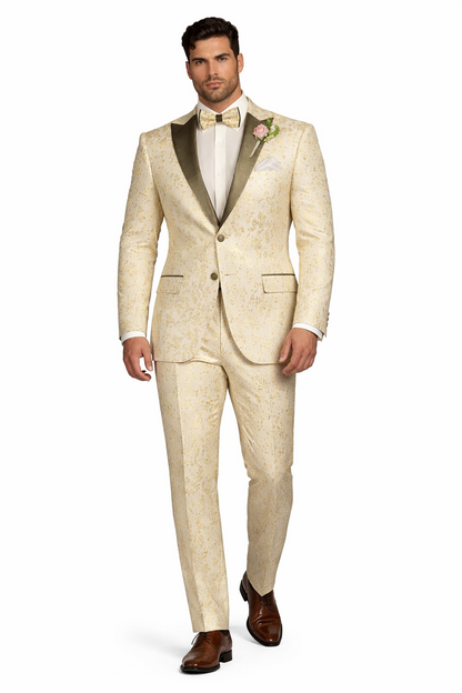 Champagne Gold Floral Tuxedo Suit for Men  Two-Piece Wedding Tux with Bow Tie and Satin Lapel