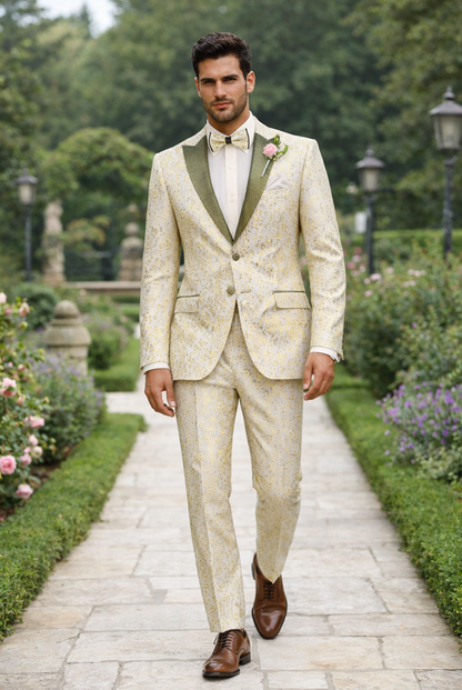 Champagne Gold Floral Tuxedo Suit for Men  Two-Piece Wedding Tux with Bow Tie and Satin Lapel