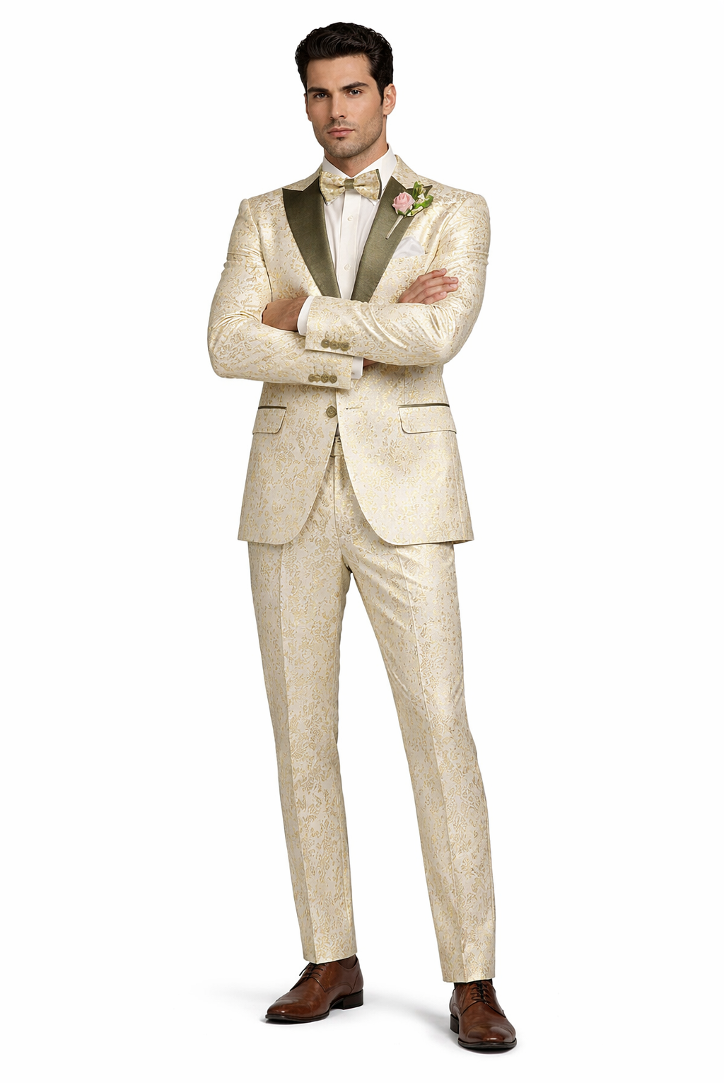 Champagne Gold Floral Tuxedo Suit for Men  Two-Piece Wedding Tux with Bow Tie and Satin Lapel