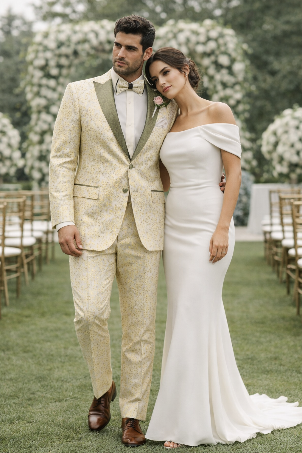 Champagne Gold Floral Tuxedo Suit for Men  Two-Piece Wedding Tux with Bow Tie and Satin Lapel
