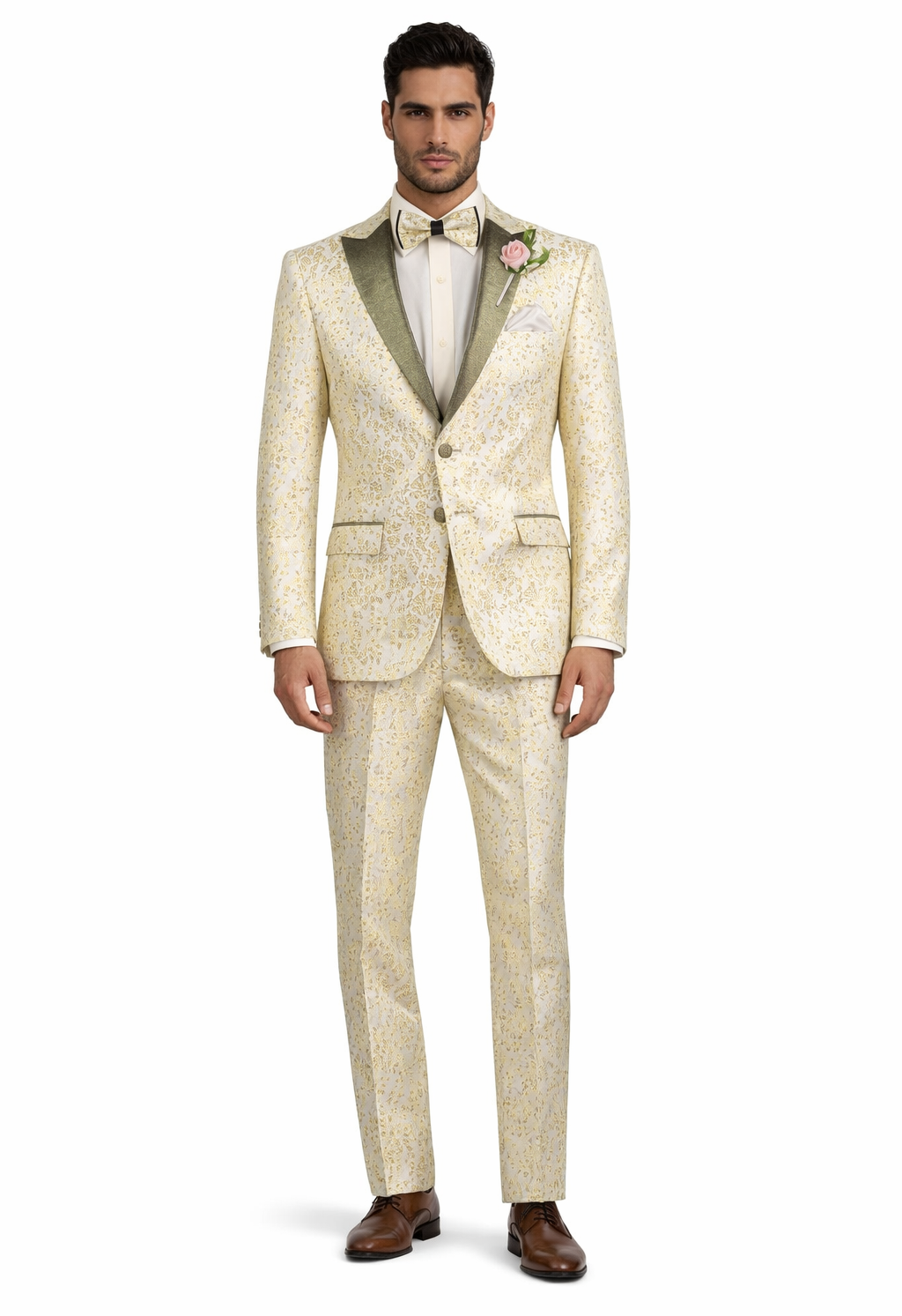 Champagne Gold Floral Tuxedo Suit for Men  Two-Piece Wedding Tux with Bow Tie and Satin Lapel