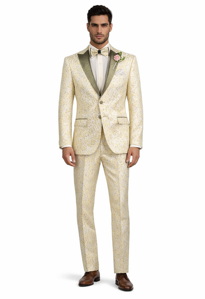 Champagne Gold Floral Tuxedo Suit for Men  Two-Piece Wedding Tux with Bow Tie and Satin Lapel