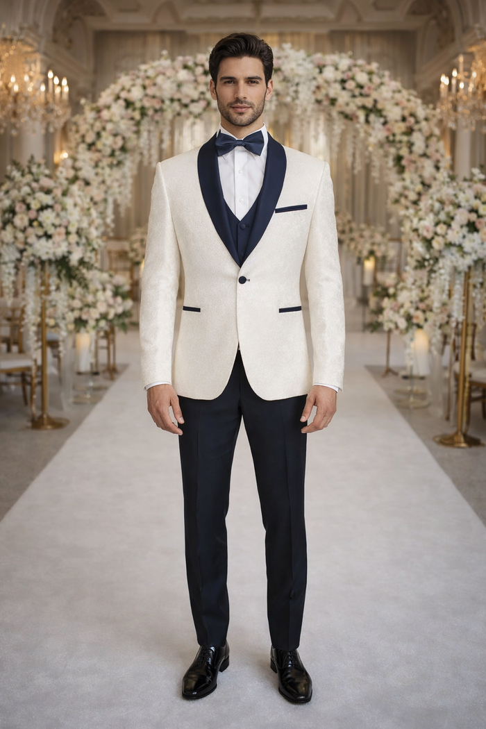 Men's White & Navy Metallic Flake Tuxedo - Luxury 3-Piece Suit