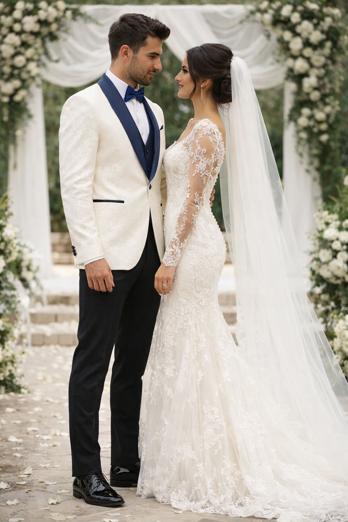 Men's White & Navy Metallic Flake Tuxedo - Luxury 3-Piece Suit