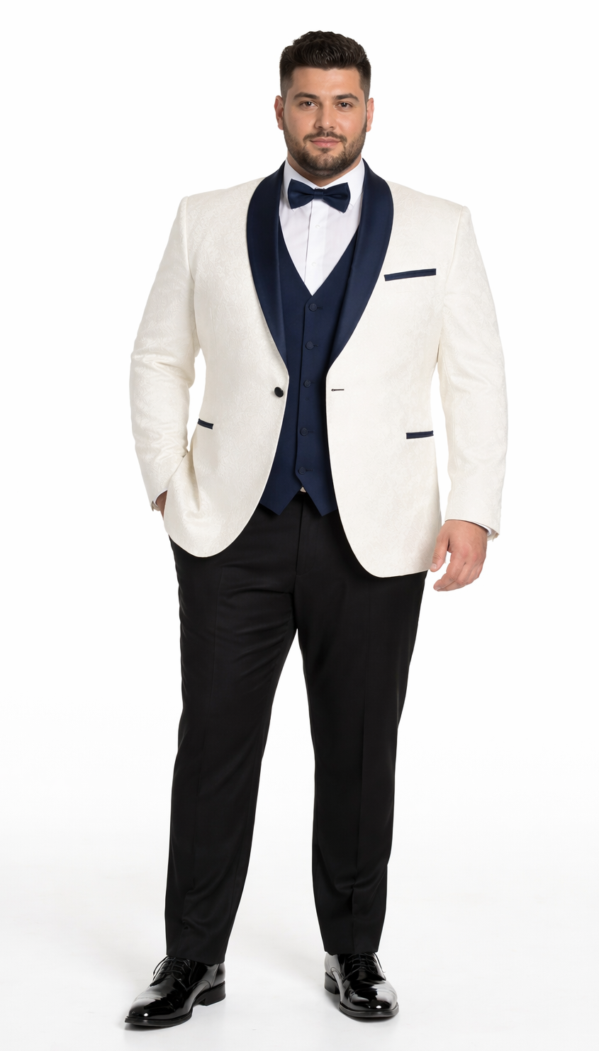 Men’s White & Navy Metallic Flake Tuxedo – Luxury 3-Piece Suit