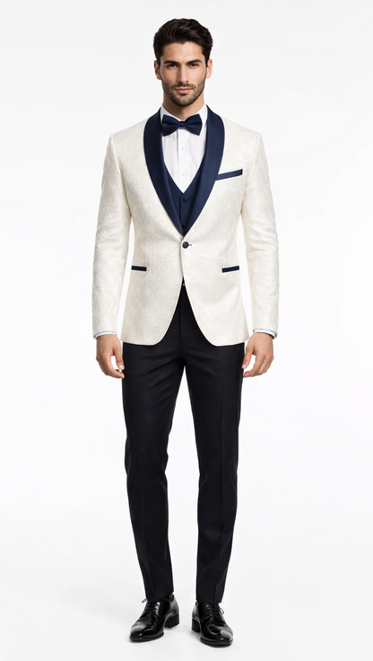 Men's White & Navy Metallic Flake Tuxedo - Luxury 3-Piece Suit