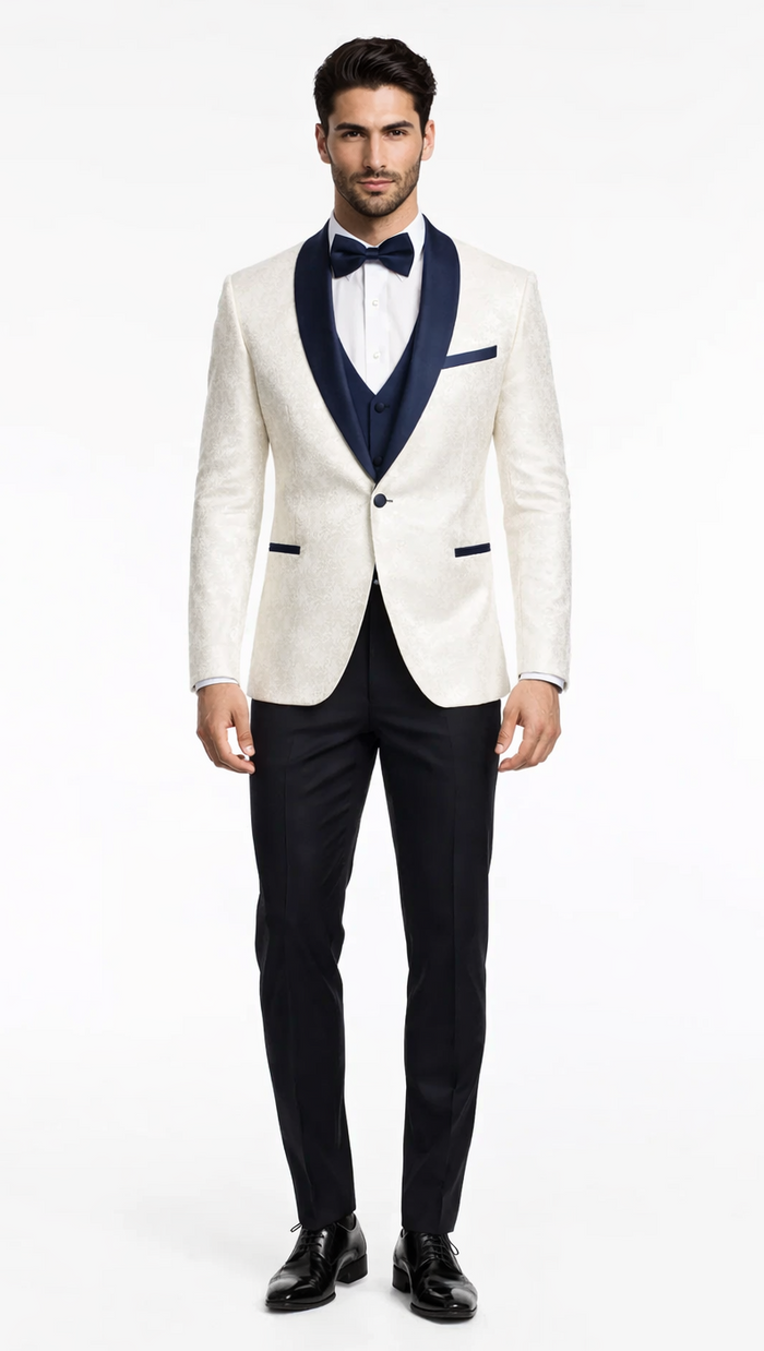 Men's White & Navy Metallic Flake Tuxedo - Luxury 3-Piece Suit