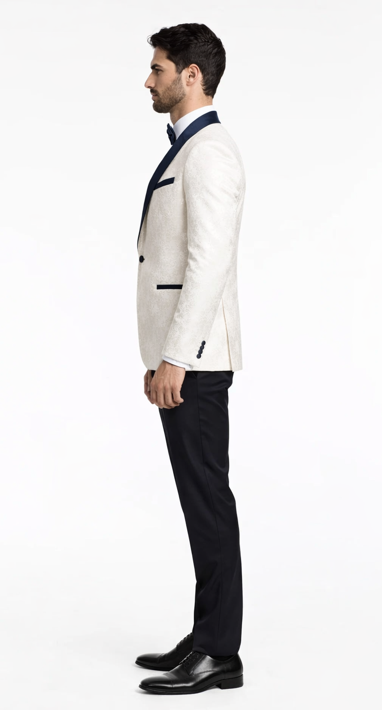 Men’s White & Navy Metallic Flake Tuxedo – Luxury 3-Piece Suit