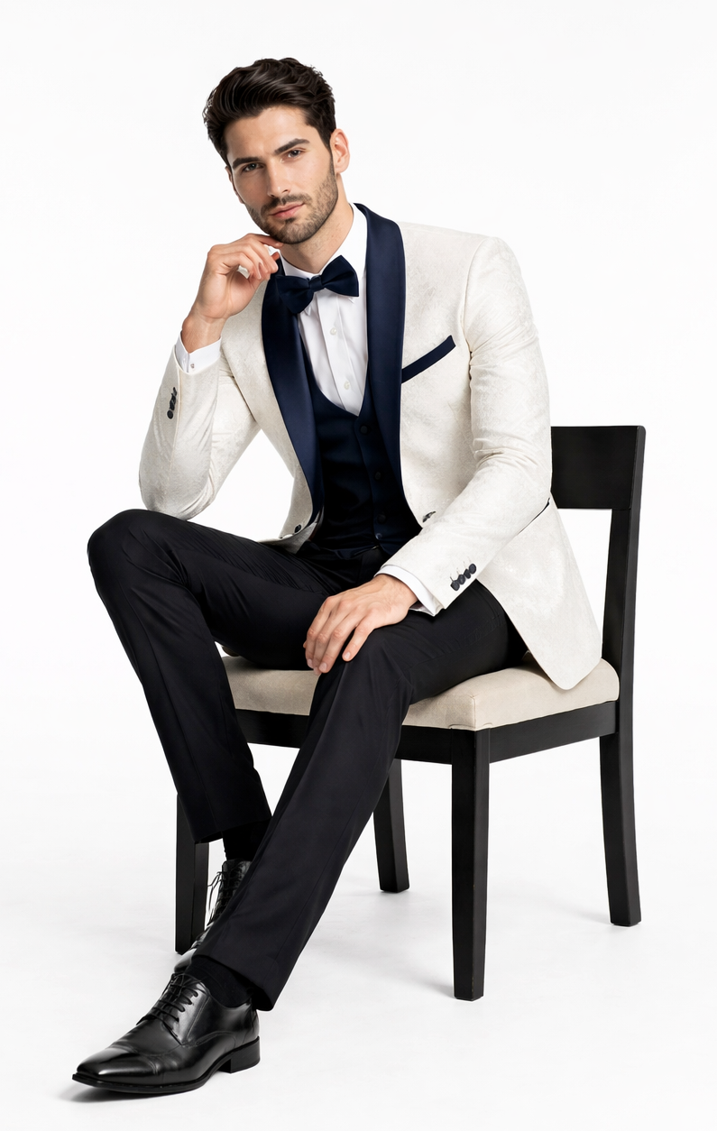 Men’s White & Navy Metallic Flake Tuxedo – Luxury 3-Piece Suit