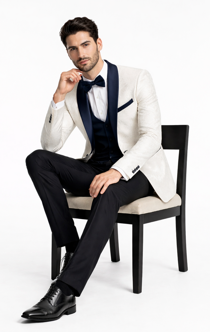 Men's White & Navy Metallic Flake Tuxedo - Luxury 3-Piece Suit