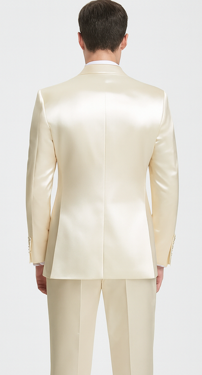 Champagne Satin 3 Piece Slim Fit Tazzio Men's Suit with Peak Lapel Jacket and Double Breasted Vest