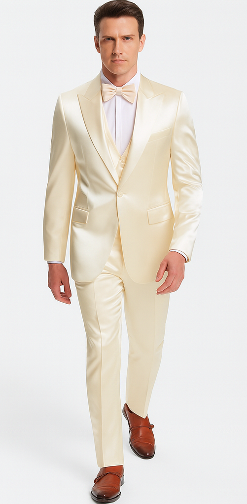 Champagne Satin 3 Piece Slim Fit Tazzio Men's Suit with Peak Lapel Jacket and Double Breasted Vest