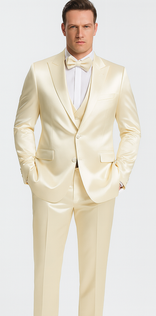 Champagne Satin 3 Piece Slim Fit Tazzio Men's Suit with Peak Lapel Jacket and Double Breasted Vest