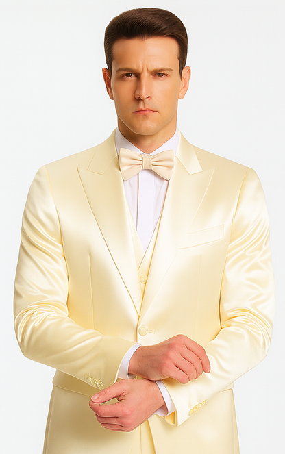 Champagne Satin 3 Piece Slim Fit Tazzio Men's Suit with Peak Lapel Jacket and Double Breasted Vest