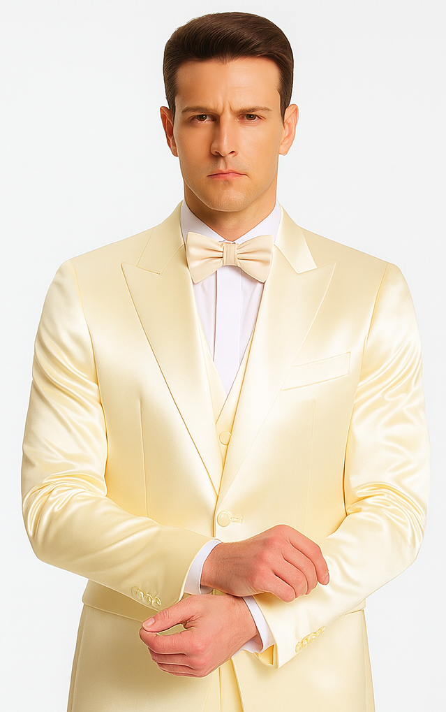 Champagne Satin 3 Piece Slim Fit Tazzio Men's Suit with Peak Lapel Jacket and Double Breasted Vest