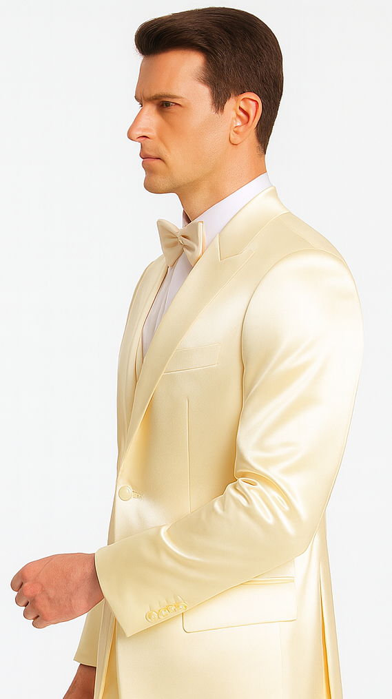 Champagne Satin 3 Piece Slim Fit Tazzio Men's Suit with Peak Lapel Jacket and Double Breasted Vest