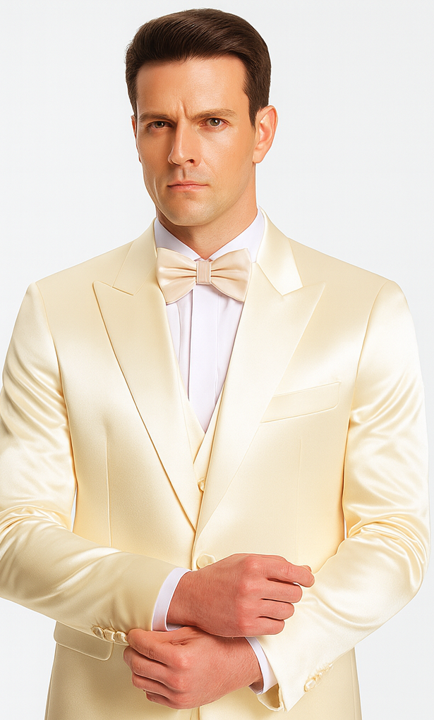 Champagne Satin 3 Piece Slim Fit Tazzio Men's Suit with Peak Lapel Jacket and Double Breasted Vest