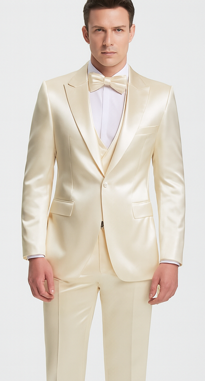 Champagne Satin 3 Piece Slim Fit Tazzio Men's Suit with Peak Lapel Jacket and Double Breasted Vest