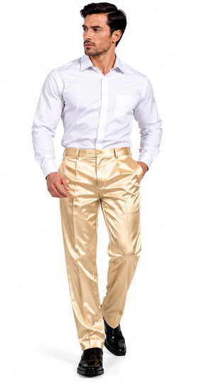 Mens Shiny Stretch Pants Solid Color Slim Fit Sateen Flashy Metallic Slacks in Color "Champagne"