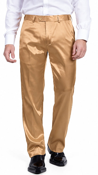 Mens Shiny Stretch Pants Solid Color Slim Fit Sateen Flashy Metallic Slacks in Color "Tan"