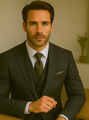 Wool Suit - Italian Made Business Suit by Statement Men's 3 Piece 100% Wool Modern Fit Suit - V-Neck Double Breasted Vest