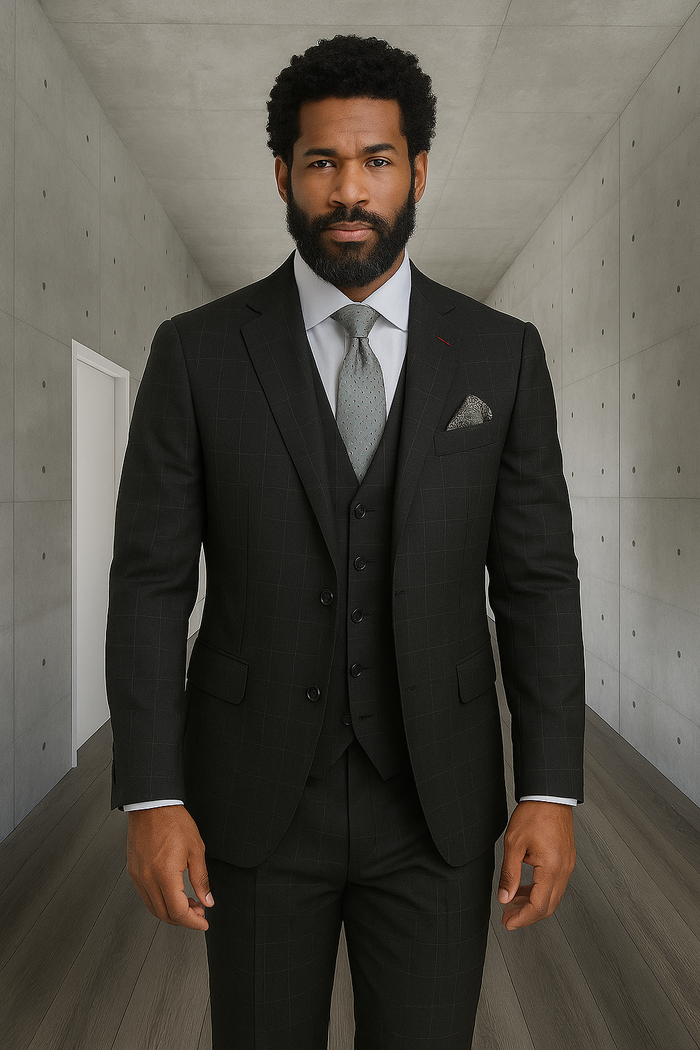 Wool Suit - Italian Made Business Suit by Statement Men's 3 Piece 100% Wool Modern Fit Suit - Sharp Plaid Pattern