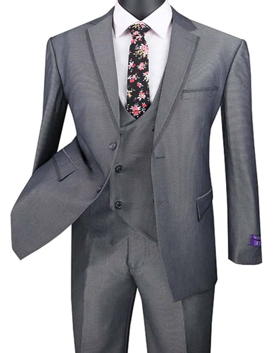 Mens Gray Tuxedo - Grey Wedding Suit-Mens Modern Fit Tuxedo Suit With Double Brested Vest And Satin Trim In Charcoal Grey - Men's Tuxedo USA